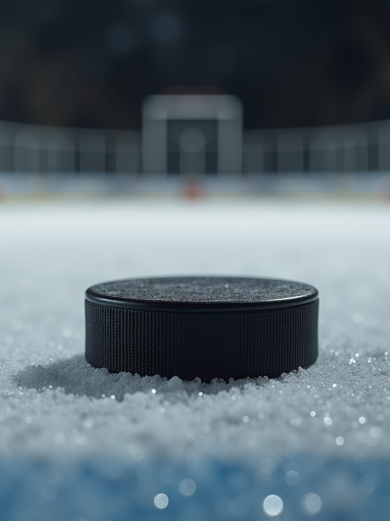 Close up portrait of a carbon fiber hockey stick blade controlling a black puck on clean ice.
