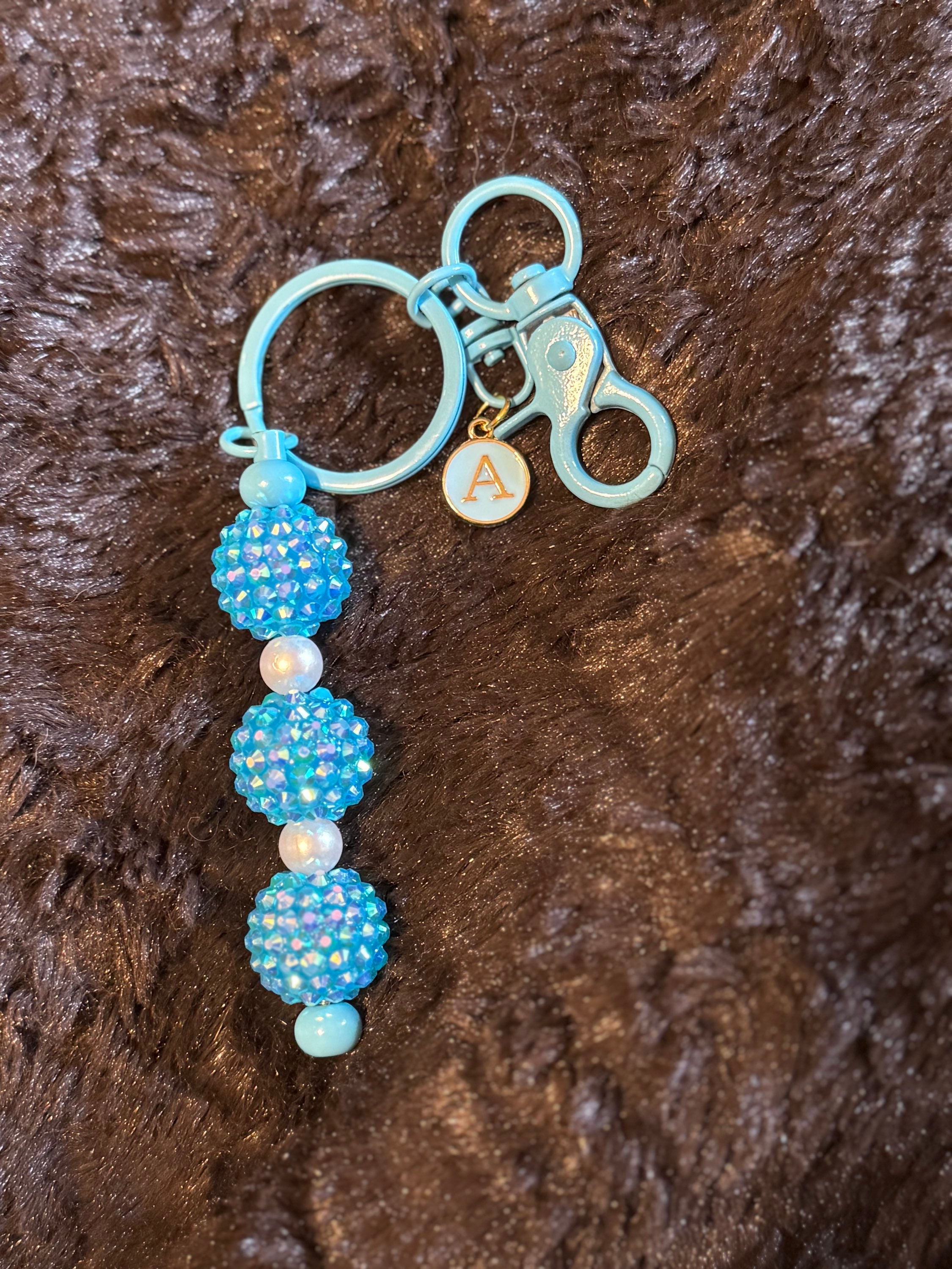Blue Beaded Keychain with Initial Charm