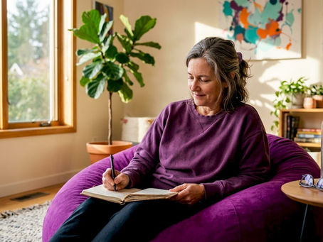 Woman journaling in sunlit home office