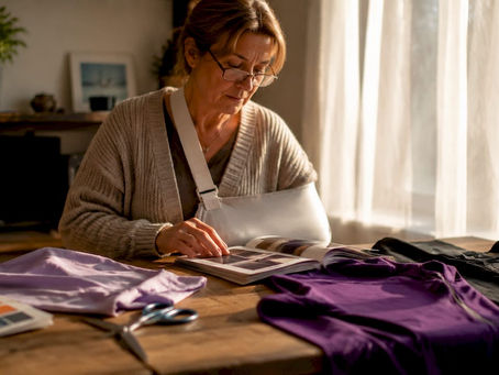 Woman reviewing adaptive recovery clothing samples at home