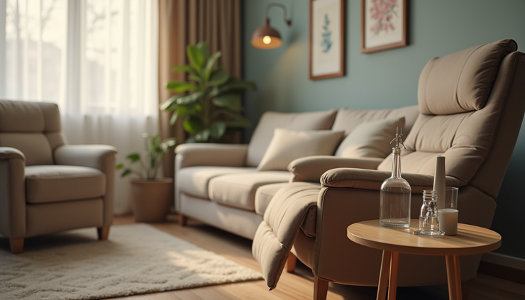 Eye-level view of a cozy living room with a recliner and side table set up for recovery