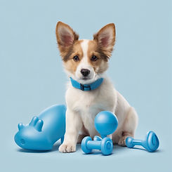 blue background with a cute dog and some darker blue toys.jpg