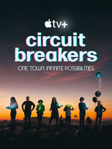 A poster for the Apple TV+ kids show Circuit Breakers. It features the silhouette of seven different kids standing in front of a sunset