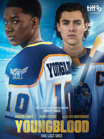 A poster for the film Youngblood featuring two young men in hockey jerseys. The poster features the TIFF logo and introduces the director as Academy Award Nominee Hubert Davis.