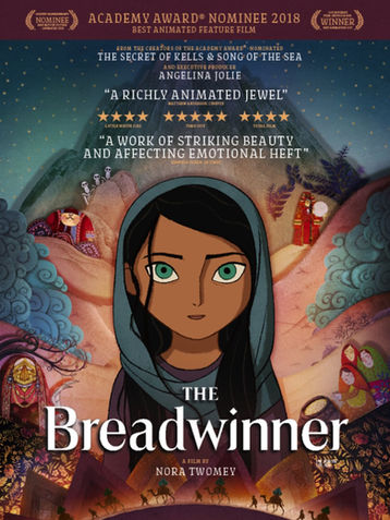 Poster for the academy award nominated animated film The Breadwinner, featuring an image of the main character surrounded by imagery from the film