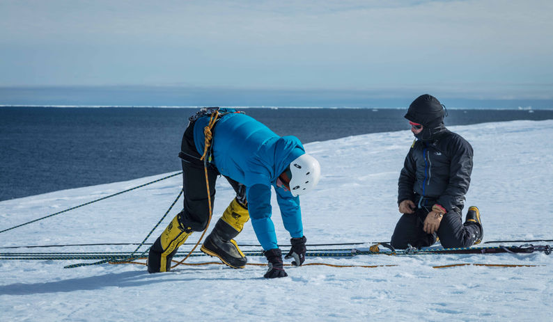 Neil instructing staff how to perform crevasse rescue in Antarctica