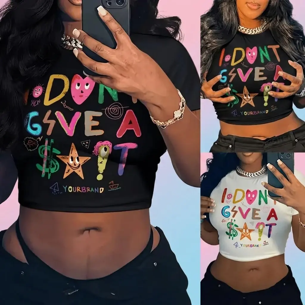 Top cropped feminino de poliéster com estampa de letras
