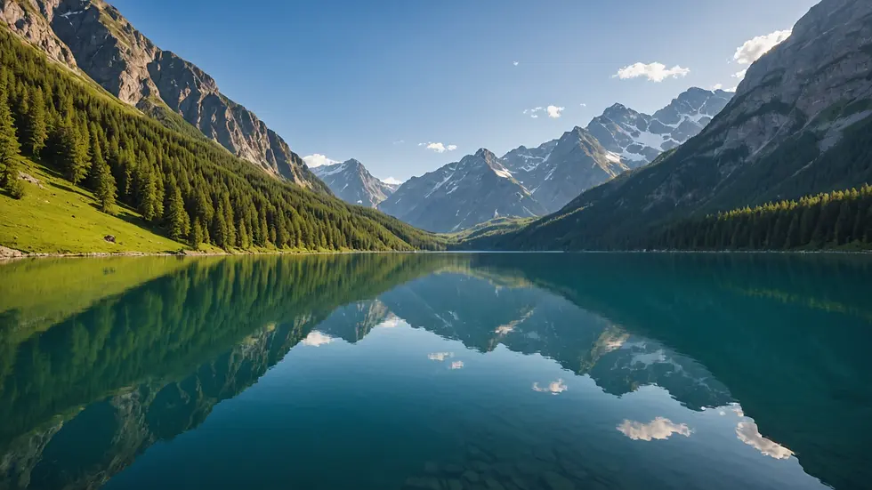 Wide angle view of tranquil lake surrounded by mountains