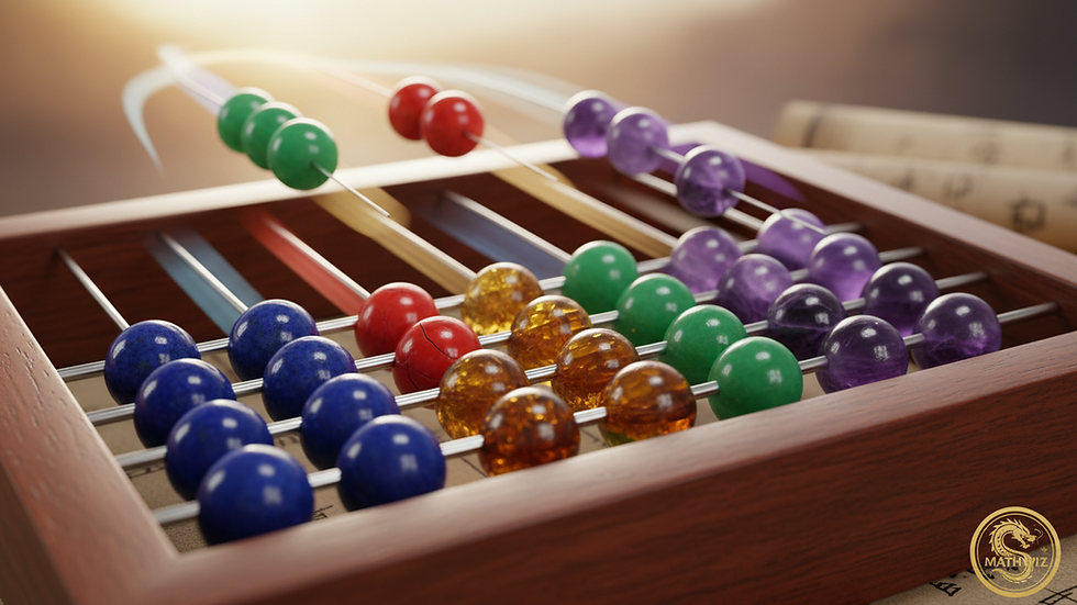 Close-up view of an abacus with colorful beads in motion