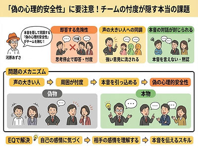 目次 心理的安全性とは何か 偽の心理的安全性とは? 忖度が生まれるメカニズム 偽の心理的安全性を見抜くサイン 管理職ができる改善アクション Potage36.5公式LINE 「うちのチームは何でも言い合える」……そう感じているチームほど、実は忖度に支配された"偽の心理的安全性"に陥っているかもしれません。 声の大きい人への同調が無意識に起きている組織では、本音の対話が封じられ、チームビルディングが停滞してしまいます。こうした状態を抜け出す鍵になるのが、 管理職の振る舞いとEQ(感情知能)を軸にした小さな対話の積み重ね です。 心理的安全性とは何か 心理的安全性という言葉を、ここ数年で耳にする機会がずいぶん増えました。ハーバード大学のエイミー・エドモンドソン教授が提唱した概念で、「このチームで発言しても、自分が否定されたり罰せられたりしないと信じられる状態」のことを指します。 よく誤解されるのですが、心理的安全性とは「仲が良いこと」ではありません。 異論や違和感を、安心して口にできること。それが本来の意味です。チームビルディングの文脈でも、この心理的安全性は土台になります。 偽の心理的安全性とは? EQをベースにしたチームビルディングや組織開発の研修の場で、こんなやり取りがよく見られます。 「皆さんのチームには心理的安全性がありますか?」 そう問いかけると、多くの方が「うちはあると思います」と答えます。ところが、研修を依頼した人事や経営層からは、事前にこんな声が出ていることが少なくありません。 「うちは本音で対話できていなくて……」 現場とマネジメント層で、認識がまるで違う……こうした不思議な現象は、実は多くの組織で繰り返し起きています。本記事ではこの状態を「偽の心理的安全性」と呼びます。 忖度が生まれるメカニズム 研修の場では、こんなやり取りが起きることがあります。 誰かが「うちは心理的安全性が高いですよ」と言う。すると、周囲がすっと同調する。しかし、ここで立ち止まって考えてみる必要があります。本当にそうだろうか、と。 声の大きい人に対して、「実は私は少し違う意見です」と言えるでしょうか。場の空気を壊すかもしれない、関係性がぎくしゃくするかもしれない……そう思うと、本音は引っ込められてしまうこともよくあります。 それは安心ではなく、忖度です。表面的には穏やかかもしれません。しかし、チームビルディングの観点では、挑戦や対話が止まり始めているサインともいえます。 ここまでのポイント 心理的安全性とは「仲が良いこと」ではなく異論を安心して言える状態のこと 「うちは心理的安全性がある」と感じているチームほど忖度による"偽の状態"に陥りやすい 忖度は「安心」ではなく「空気を読んだ沈黙」。チームビルディングが止まるサイン 偽の心理的安全性を見抜く3つのサイン では、管理職として何を見ればよいのでしょうか。多くの現場で共通して見られるサインには、次のようなものがあります。 1. 会議で反対意見がほとんど出ない 議論がスムーズすぎるときほど、注意が必要です。 2. 決定後に裏で不満が出る 会議では全員賛成。しかし後から本音が漏れる。この構造は危険信号です。 3. 発言する人が固定化している 若手や静かなメンバーがほとんど話していない場合、心理的安全性は限定的かもしれません。 管理職ができる改善アクション 偽物を本物に変える鍵は 、制度よりも振る舞いにあります。ま ずは、 管理職自身が「異論を歓迎する姿勢」を示すことがポイントです。 「他に意見はない?」ではなく、 「違う見方があれば、ぜひ聞きたい」と具体的に伝えてみましょう。そして、全体の場で出ない声を、1on1などで丁寧に拾うのです。 さらに重要なのが、EQの視点です。 自分の中に生まれた小さな違和感に気づくこと 、それがとてもたいせつです。 「今、少しモヤっとしたな」と感じられるかどうか……。 本当の心理的安全性は、「本音を言おう」と号令をかけて生まれるものではありません。 小さな自己開示の積み重ねの中で、少しずつ育まれていきます。 あなたのチームの心理的安全性は「本物」ですか? 心理的安全性という言葉が広がること自体は、とても良いことです。けれど、言葉だけが先行して、「うちは大丈夫」と思い込んでしまうことほど、怖いことはありません。 あなたのチームでは、メンバーが本音で語り合えていますか。 誰かの一声に、無意識に空気を合わせてしまっていないでしょうか。 もし、ほんの少しでも心当たりがあるなら…それは「偽の心理的安全性」に向き合う、最初のサインなのかもしれません。 EQを軸にした信頼関係構築とチームビルディングのプロジェクトを実施した、関電不動産様の事例は こちら からお読みいただけます。 自分のEQ傾向を知ることが、チームを変える最初の一歩かもしれません。 先行10名様限定・特別価格でご案内しています。