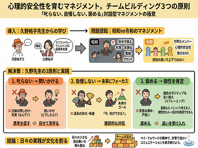 記事の3行要約 サッカーの「ポゼッション率」を会話に応用すると、チームの心理的安全性が可視化できる。 理想は全員の発言量が均等になること。そこから「違い」を活かすチームビルディングが始まる。 強いチームは、凸凹を打ち消すのではなく、組み合わせて新しい絵を描いている。 「ポゼッション率」という視点がチームビルディングを変える Potage株式会社代表取締役、コミュニティ・アクセラレーターの河原あずさです。 ワークショップやチームビルディングの現場に立つ中で、私が大事にしている指標があります。それが「会話のポゼッション率」です。 ポゼッション率といえば、サッカーを思い浮かべる方が多いかもしれません。90分の試合の中で、どちらのチームがどれくらいボールを保持していたかを示す数値です。浦和レッズが53%、鹿島アントラーズが47%。そんな具合に、ゲームの主導権がどちらにあったかを読み解くための指標として使われています。 この概念を、チーム内の会話に転用してみます。すると、チームビルディングにおいて見落とされがちな、とても大事なことが浮かび上がってきます。 心理的安全性の高いチームは「25%ずつ」で話している ここで皆さんに問いかけてみたいのですが、4人のチームで会話をしているとき、理想的なポゼッション率の配分って、どれくらいだと思いますか。 答えは、25%ずつです。 これは私の現場感覚だけでなく、心理的安全性の研究からも裏付けられていることです。心理的安全性の高い組織では、メンバー間の発言量がほぼ均等になっているという特徴がある。逆にいえば、発言量に大きな偏りがあるチームは、心理的安全性が低い状態にある可能性が高いということです。 たとえば、リーダー格のAさんが全体の70%を話していて、残りの3人が10%ずつ。あるいは、経験年数の近い2人が合わせて80%、若手2人で20%。こうした光景は、どの職場でも見覚えがあるのではないでしょうか。 声の大きい人に発言が偏ると、何が起きるでしょうか。発言量の多い人は「いい議論ができている」と感じているかもしれません。しかし発言量の少ない人は、本音を言えないまま、顔色をうかがい、忖度し、「まとまっといたほうが楽だな」と口をつぐんでいる ......そこには、表面化しにくい意識のギャップが横たわっています。この「気持ちよく話しているつもりの人」と「黙っている人」のあいだにある溝こそが、チームの一体感を蝕む原因になっているのです。 均等な発言から始まる「違いを活かす」チームづくり では、 心理的安全性の高いチームは何が違うのか。それは、メンバー同士がお互いの発言量を意識し、自然と均等になるように配慮しているという点です。 Aさんが話し始めて、少し長くなったなと感じたら、「ところでBさんは、この件についてどう思いますか?」と振る。Bさんの意見を聞いたら、「Cさんはどうですか?」と広げていく。こうして全員がテーブルの上に自分の考えを並べることで、はじめてチームとしての合意形成が動き出すのです。 ここで 重要なのは、全員が同じ意見を持つことではありません。むしろ大事なのは、それぞれの「違い」が見えるようになること です。 チームビルディングにおいて、違いは排除すべきものではなく、活かすべきものです。全く同じ人間が4人集まっても、チームはうまく機能しません。なぜなら、価値というものは「違い」から生まれるからです。 パズルのピースを想像してみてください。ひとつひとつのピースには、出っ張っているところと凹んでいるところがあります。これはそのまま、一人ひとりの得意と苦手に言い換えられる。 出っ張りと凹みが噛み合うからこそ、ピースは組み合わさり、一枚の絵が完成する のです。 ファシリテーションは「凸凹を見つけて組み合わせる」技術 僕がチームビルディングの現場で心がけているのは、まず会話のポゼッション率を均等に近づけること。そしてその次に、一人ひとりの「凸凹の形」を見極めていくことです。 均等に発言できる場をつくると、それぞれのメンバーがどんなことに関心を持っていて、何を得意とし、何に苦手意識を持っているかが、自然と見えてきます。年次も役職も関係なく、対等な立場で意見を交わせる状態。それがあってはじめて、メンバーの凸凹の輪郭がはっきりしてくるのです。 ファシリテーションとは、単に会議を進行することではありません。発言のバランスをデザインしながら、メンバーそれぞれの個性を引き出し、その組み合わせを見つけていくプロセス です。誰かの凹みを、別の誰かの出っ張りで補う。その掛け合わせの中から、 一人では描けなかった絵が浮かび上がってくる。 僕はこれを「コミュニティ型組織開発」と呼んでいますが、 その根底にあるのは、多様な「個」が打ち消しあうのではなく、溶け合うことで新しい価値を生み出すという考え方です。 心理的安全性は、その溶け合いが起きるための土壌にほかなりません。 あなたのチームのポゼッション率は、どうなっていますか? ここまで読んでくださった方に、ひとつ試していただきたいことがあります。次のミーティングで、チームメンバーの発言量を意識して観察してみてください。 誰がどれくらい話していますか。話していない人はいませんか。その人は、本当に「話すことがない」のでしょうか。それとも「話せない空気」があるのでしょうか。 会話のポゼッション率は、チームの健康状態を映し出すバロメーターです。数値化する必要はありません。ただ、意識を向けるだけで、見えてくるものがあるはずです。 そして、 もしポゼッション率に偏りがあると感じたら、「ところで、〇〇さんはどう思いますか?」というひと言を投げかけてみてください。その小さな問いかけが、チームの心理的安全性を育てる最初の一歩になるかもしれません。 強いチームは、違いを恐れません。違いを見つけ、違いを面白がり、違いを活かして、まだ見ぬ絵を一緒に描いていく。その出発点は、全員が安心して声を出せる場をつくることにあります。 あなたのチームには、まだ聞こえていない声が眠っているかもしれません。その声に耳を傾けることが、チームの新しい可能性を拓くきっかけになるのだと、僕は信じています。
