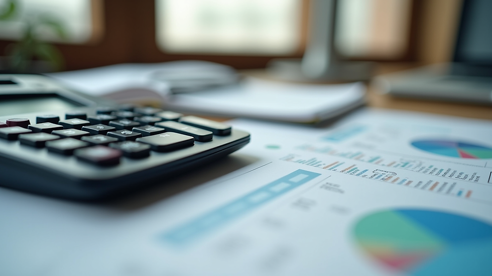 Close-up view of a calculator and financial documents on a desk