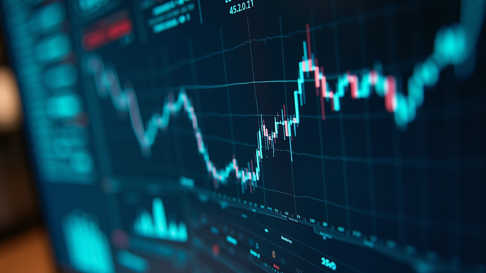 High angle view of a computer screen showing financial data analytics