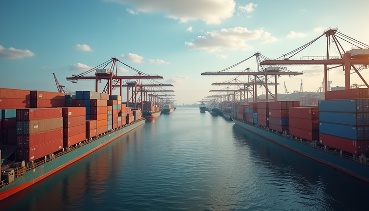 Eye-level view of a busy shipping port with containers stacked and cranes in operation