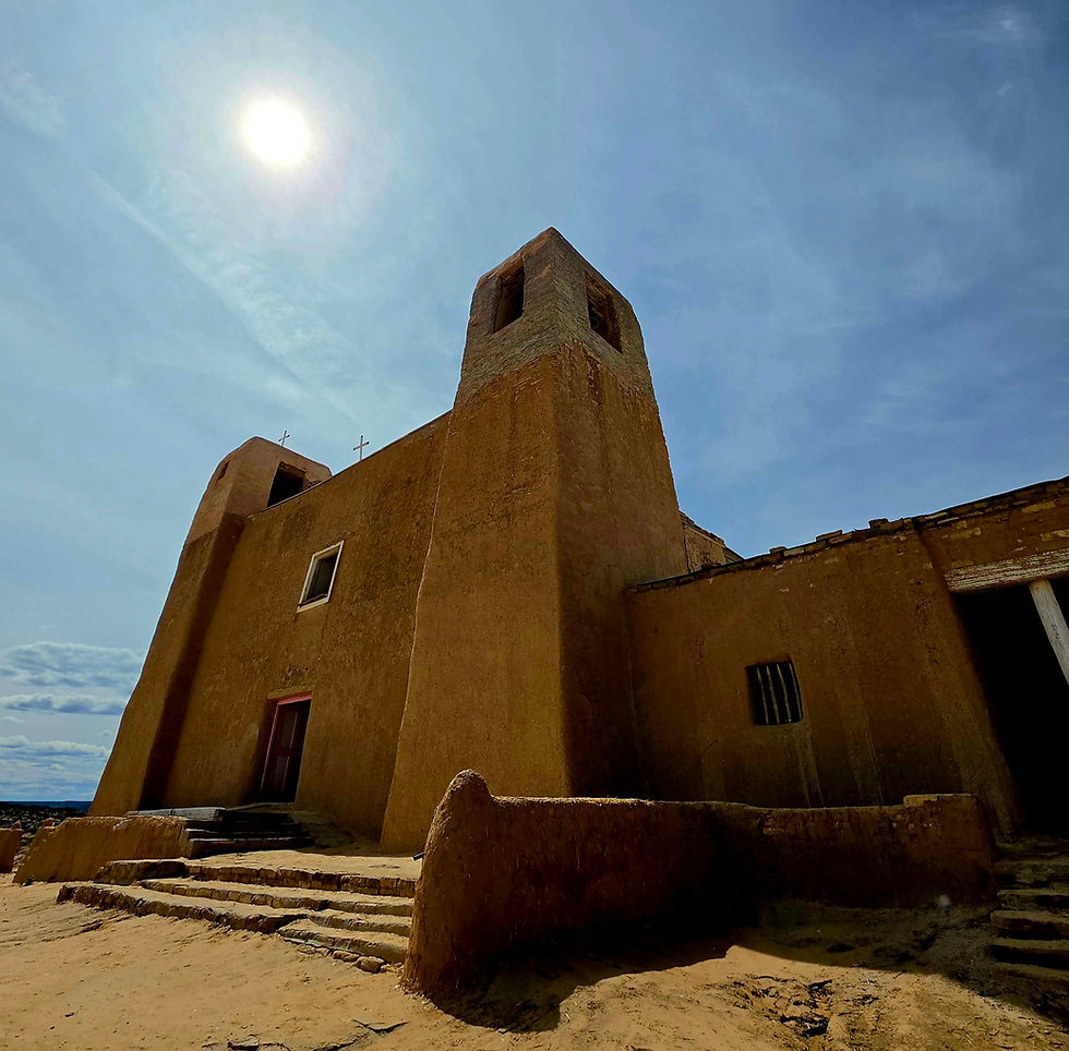 San Esteban del Rey Mission at Acoma Pueblo under a bright sun