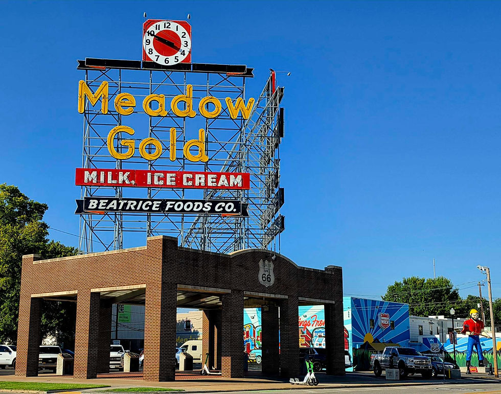 Historic Meadow Gold neon sign on Route 66 in Tulsa.