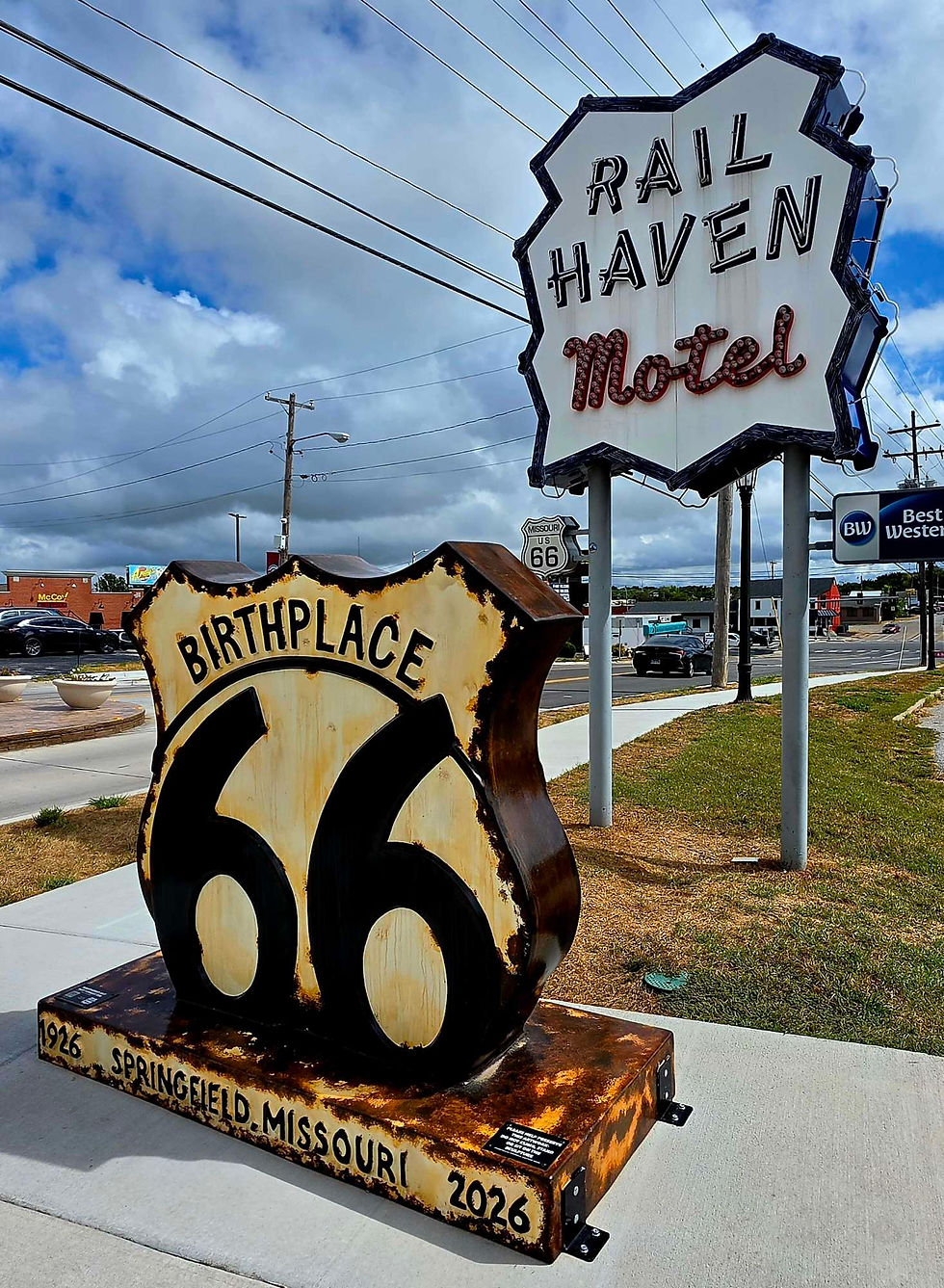 Birthplace of Route 66 sign at Rail Haven Motel Springfield