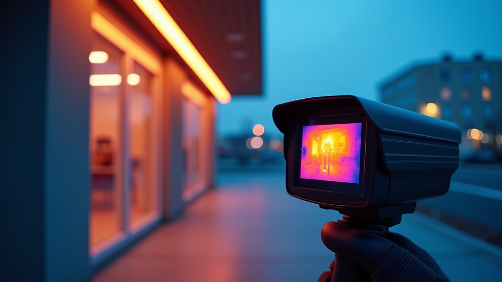 Eye-level view of a thermal imaging camera being used to inspect a commercial building exterior