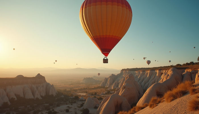 Hot air balloons drifting at sunset over rocky landscape of Cappadocia_edited