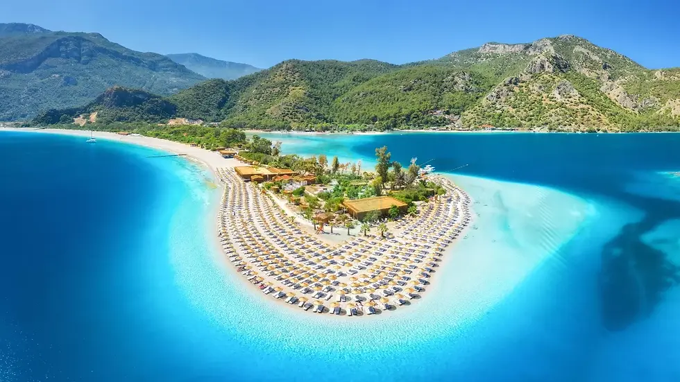 Aerial view of lush green island surrounded by clear sea Fethiye