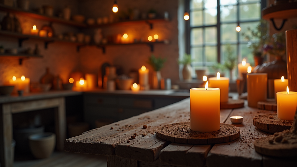 Wide angle view of a rustic candle-making workshop