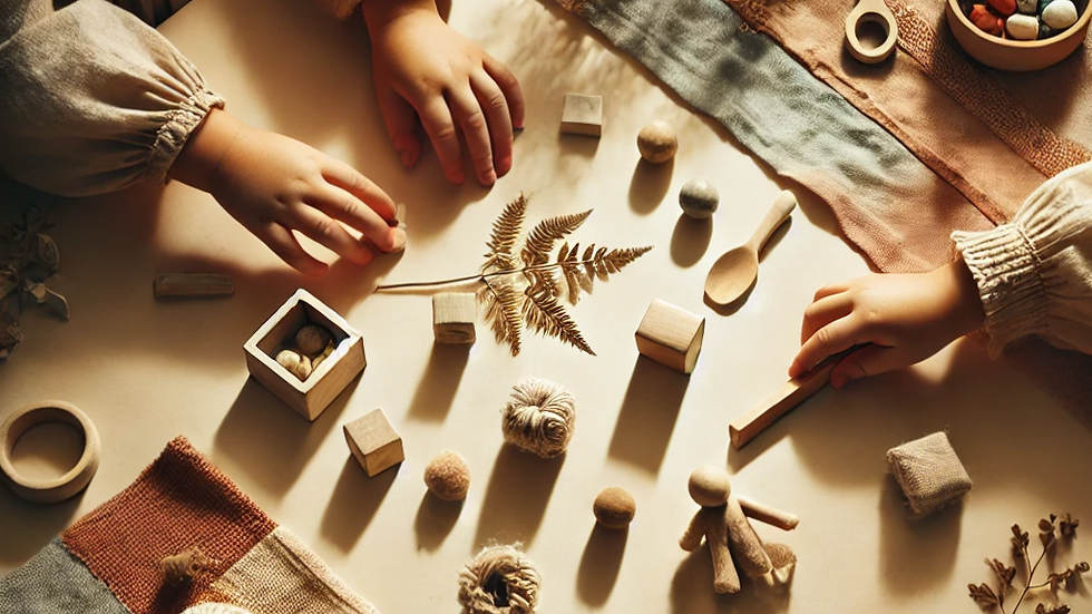 Kinderhände, die gemeinsam mit Naturmaterialien spielen