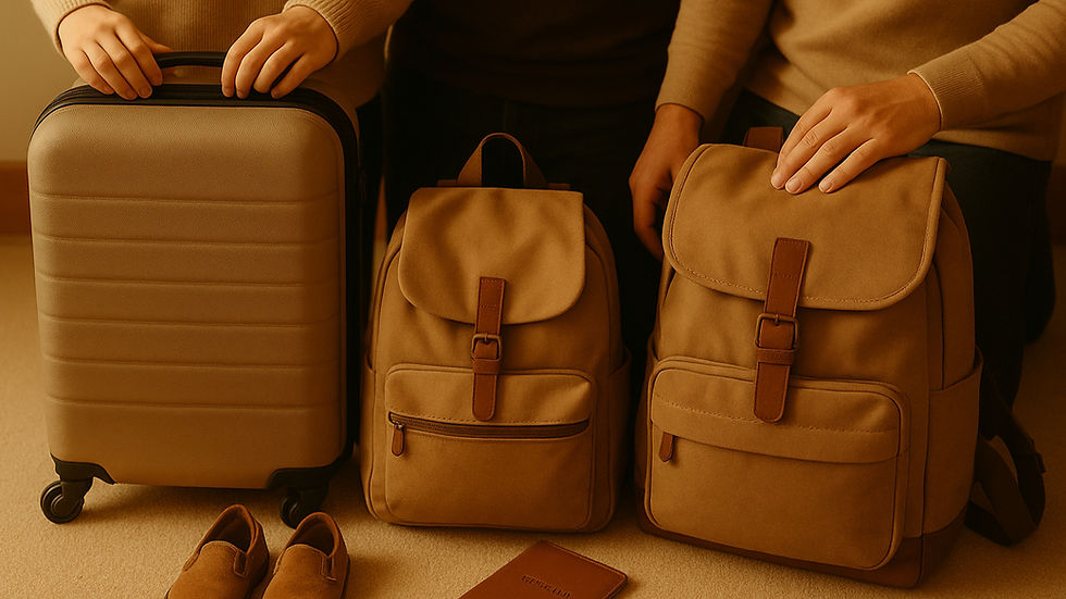 Gepackte Reisetaschen und Koffer in warmem Licht, symbolisieren Familienreisen und Vorbereitung
