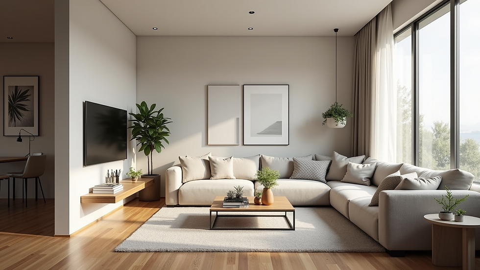 High angle view of a beautifully staged living room ready for showing