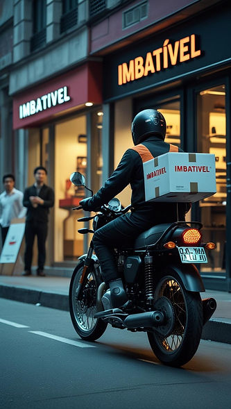 poster para divulgar no facebook , motoboy chegando na loja chamado Imbativel , do lado di