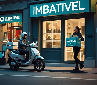 poster para divulgar no facebook , motoboy chegando na loja chamado Imbativel , do lado di