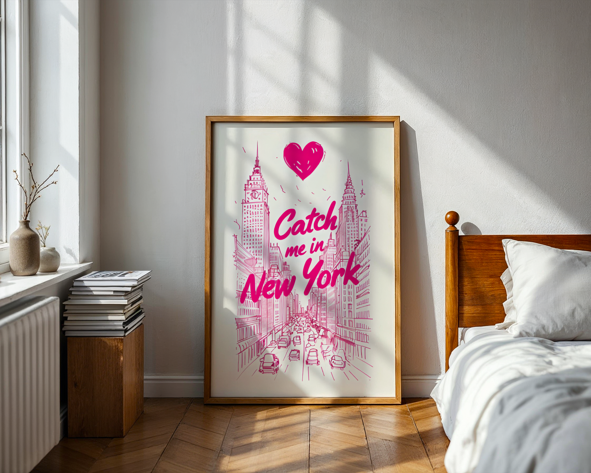 Catch me in New York - Pink - framed and freestanding against a wall
