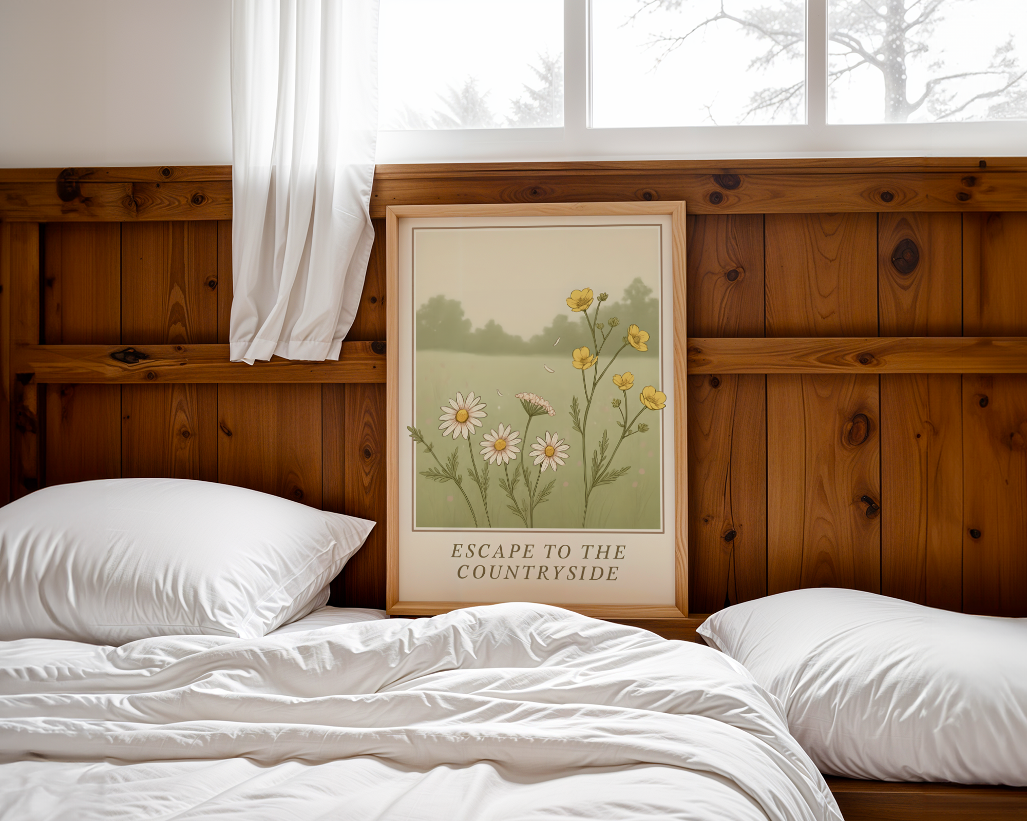 Escape to the countryside cottagecore wall art, framed and resting on a bed.