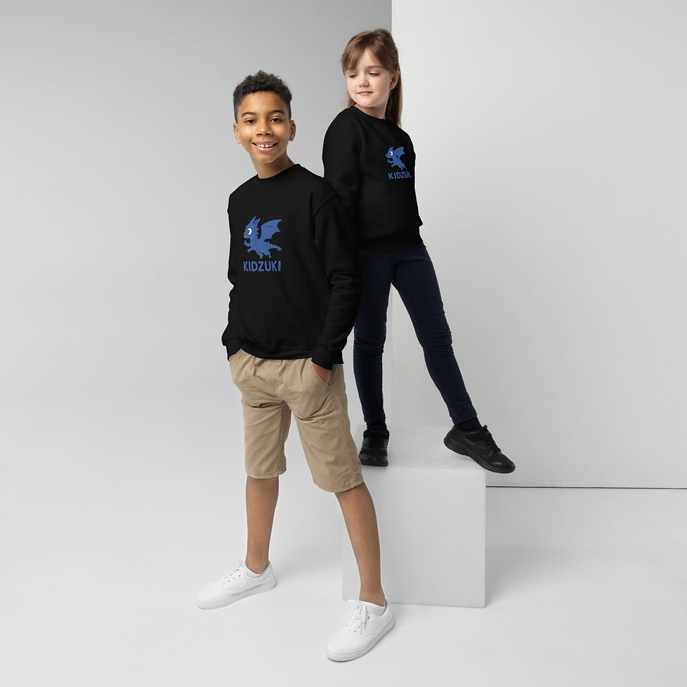 Black sweatshirt with blue Kidzuki logo and name