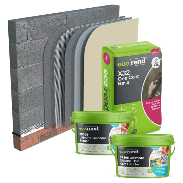 Full Ecorend silicone render system used by Plaster and Rendering Solutions: SR15 topcoat, X32 base, and M160 mesh