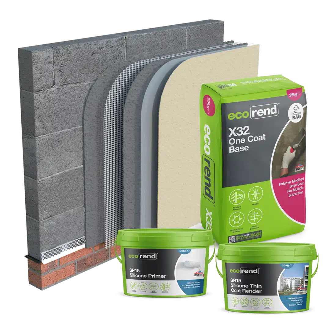 The complete Eco Rend silicone render system used by Plaster and Rendering Solutions, including FX4 base coat and SR15 thin coat