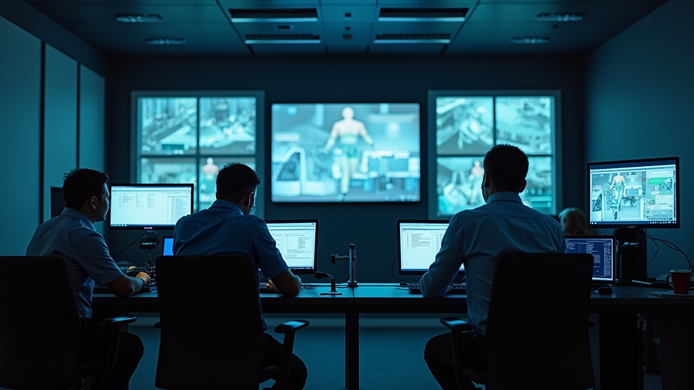 Eye-level view of CCTV control room with multiple monitors