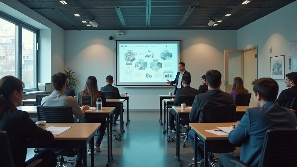 High angle view of a classroom with students learning AI design