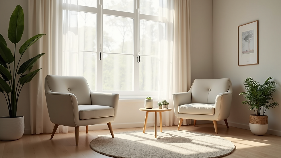 Close-up of a calm therapy room with comfortable furniture