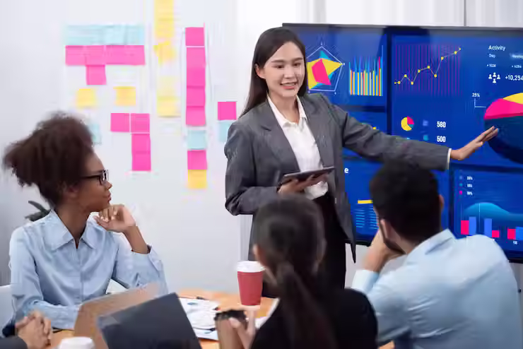 Asian woman presenting statistics