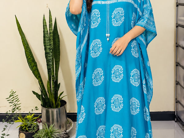 Blue Printed Kaftan Maxi Dress