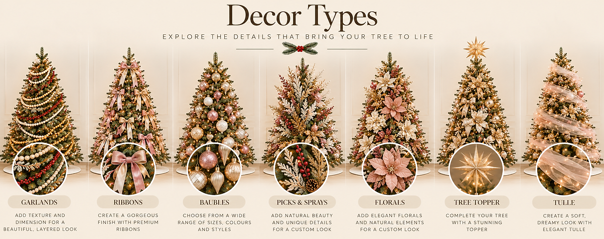 Christmas tree decorating options featuring seven trees with beaded garlands, elegant bows and ribbons, baubles, decorative picks and sprays, florals, tree toppers and wrapped tulle.