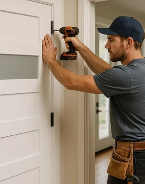 Professional handyman using a drill to install or repair an interior door.