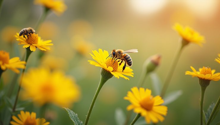 Eye-level view of a blooming wildflower meadow with bees pollinating flowers