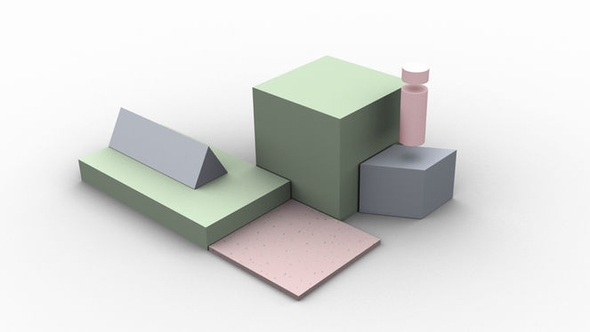 Abstrakte geometrische Formen: Cubes, Prisma, Zylinder in Pastelltönen auf weißem Hintergrund