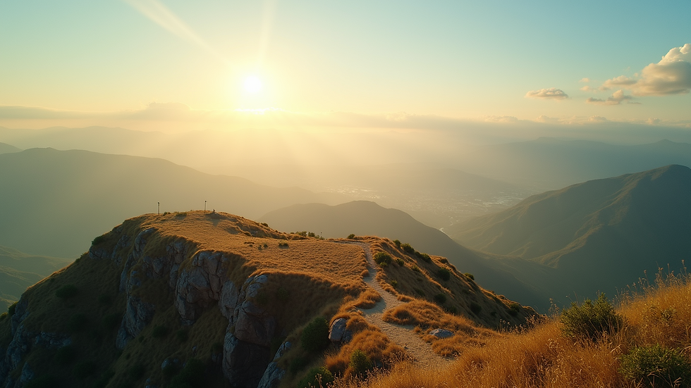 High angle view of a sun-drenched hilltop overlooking a vast valley