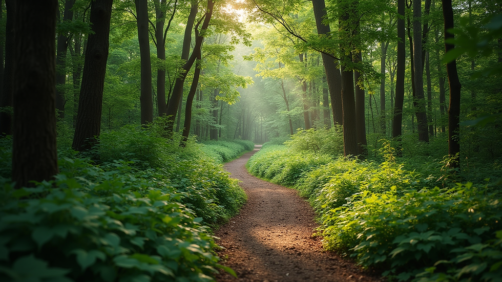 High angle view of a winding path through a lush forest