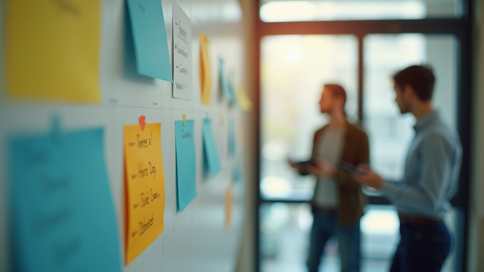 Eye-level view of a brainstorming session with sticky notes on a wall