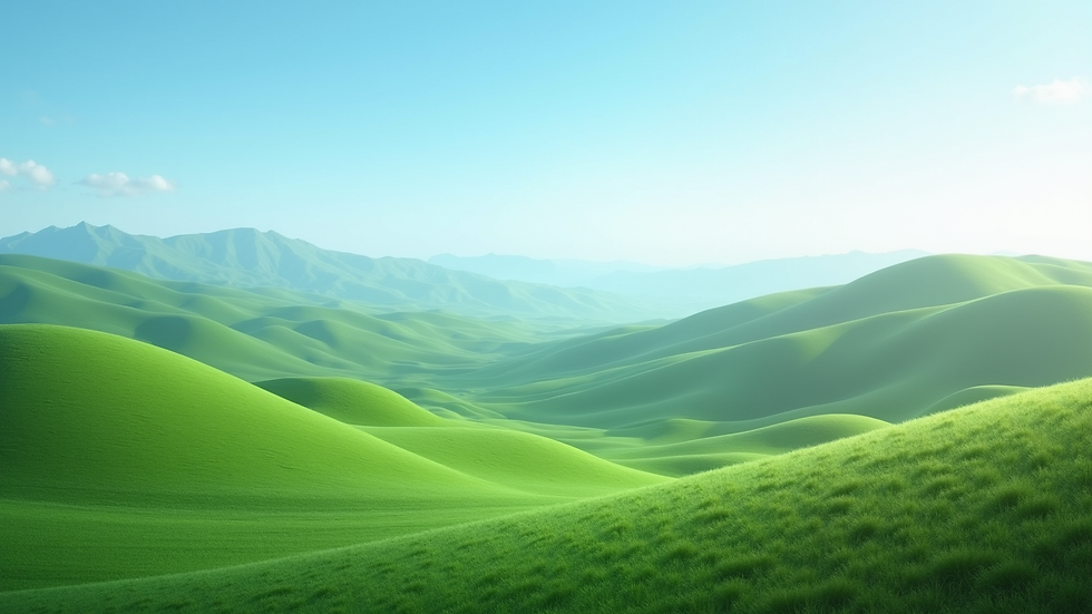 Wide angle view of a serene landscape with a clear sky and lush greenery