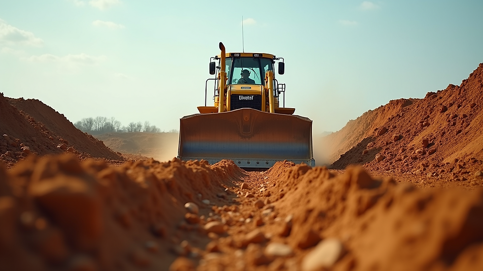 Eye-level view of a bulldozer grading a construction site