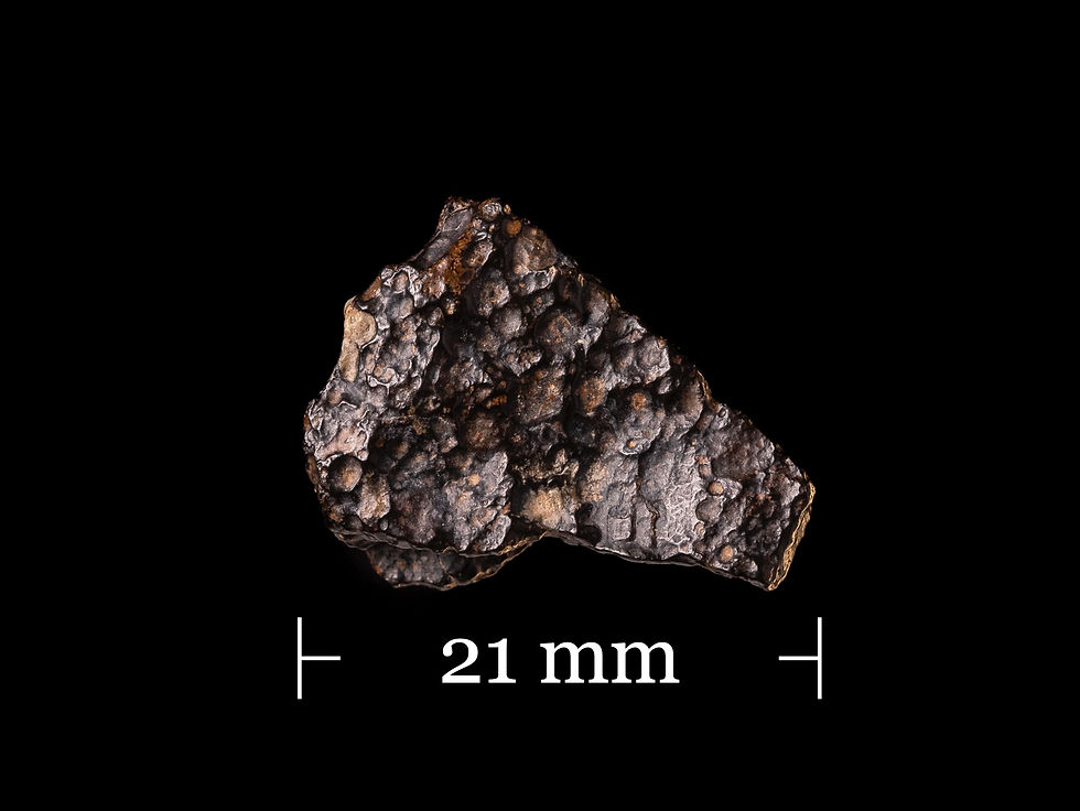 Vista frontal fotografía producto meteorito condrita carbonácea NWA 14793 CV3 sobre fondo negro.